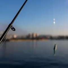 Wędka z przynętą na tle miasta i wody.