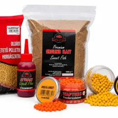 Zestaw zanęta na karpia: pellet, ground bait, płynny atraktor i waftersy. Idealne na połów.