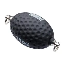 Czarny, jajowaty ciężarek z wgłębieniami i metalowymi kółkami do mocowania. Oznaczony jako 150g.