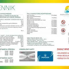 Cennik ośrodka wypoczynkowego z podziałem na usługi, ceny i godziny otwarcia.
