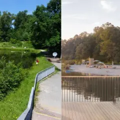 Zalew kielecki: dzisiejszy widok z wędkarzem i przyszła plaża z ratownikiem i dziećmi na rowerach.