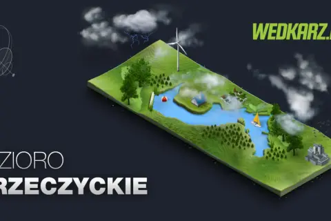Wizualizacja jeziora Przeczyckiego z żaglówką, domkami i wiatrakiem. Nadciąga burza.