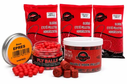 Jaki smak pelletu na karpia? Na zdjęciu widać czerwone kulki i pellety o smaku EPRES (truskawka), idealne do łowienia karpi.