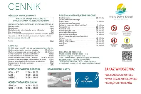 Cennik ośrodka wypoczynkowego z podziałem na usługi, ceny i godziny otwarcia.