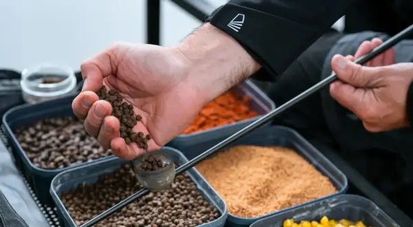 Ręka wsypuje pellet do małego pojemnika, przygotowując zanętę do koszyczka. W tle widać pojemniki z różnymi składnikami.