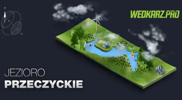 Wizualizacja jeziora Przeczyckiego z żaglówką, domkami i wiatrakiem. Nadciąga burza.
