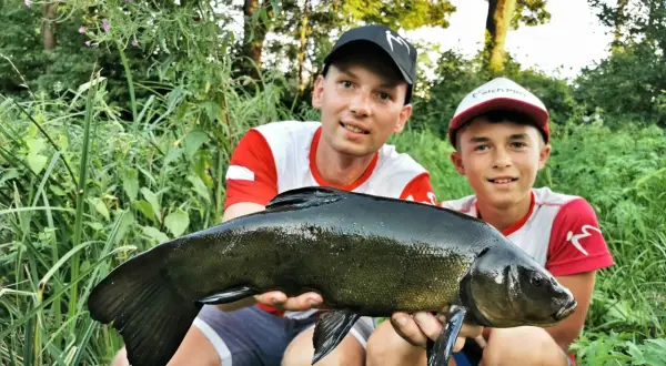 Dwóch wędkarzy trzyma dużego lina na tle zieleni.