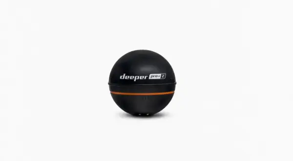 Czarna, kulista echosonda Deeper PRO+ 2, jedna z najczęściej kupowanych echosond, z pomarańczowym paskiem i logo.