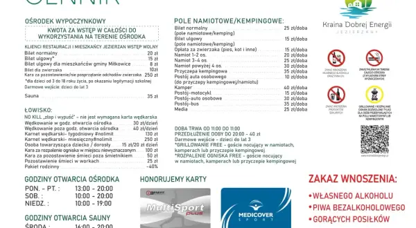 Cennik ośrodka wypoczynkowego z podziałem na usługi, ceny i godziny otwarcia.