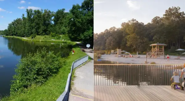 Zalew kielecki: dzisiejszy widok z wędkarzem i przyszła plaża z ratownikiem i dziećmi na rowerach.