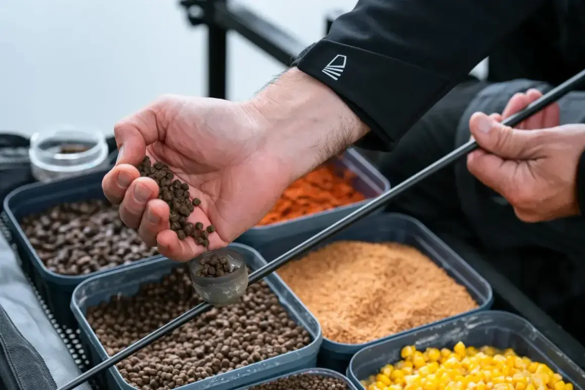 Wędkarz przygotowuje zanętę, trzymając w dłoni pellet. W tle widać pojemniki z różnymi rodzajami przynęt.