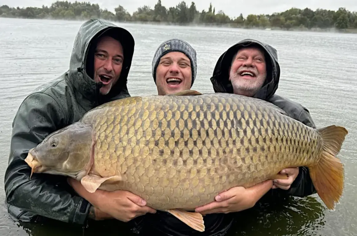 Trzech wędkarzy z dumą prezentuje gigantycznego karpia, prawdopodobnie nowy rekord. Ryba jest ogromna, a jej łuski lśnią w wodzie.