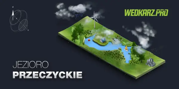 Wizualizacja jeziora Przeczyckiego z żaglówką, domkami i wiatrakiem. Nadciąga burza.