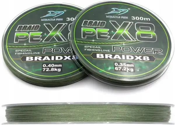 Jaka plecionka na szczupaka? Dwie szpulki zielonej plecionki Miracle Fish Braid X8, 300m, 0.40mm (72.8kg) i 0.35mm (67.2kg).