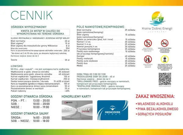 Cennik ośrodka wypoczynkowego z podziałem na usługi, ceny i godziny otwarcia.