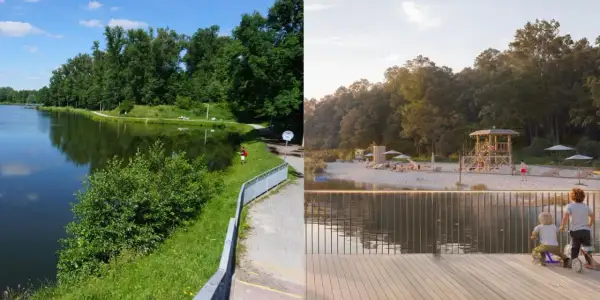 Zalew kielecki: dzisiejszy widok z wędkarzem i przyszła plaża z ratownikiem i dziećmi na rowerach.